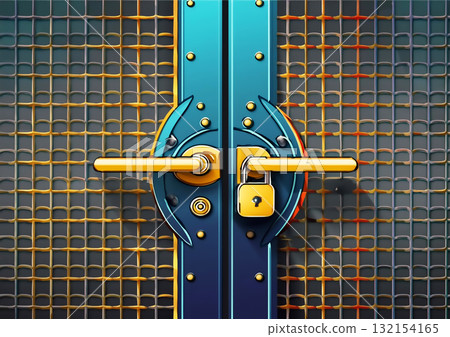 一扇鎖著的抽象金屬門的 3D 插圖 132154165