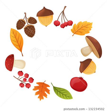 Autumn wreath made of mushrooms, leaves, acorns, berries, and fruits, fall season 132154502
