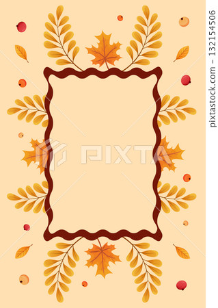 Autumn flat illustration featuring a decorative frame surrounded by colorful leaves and berries, perfect for seasonal greetings or invitations Autumn flat illustration featuring a decorative frame surrounded by colorful leaves and berries, perfect for seasonal greetings or invitations 132154506