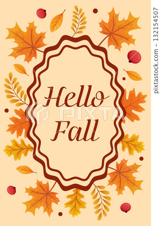 Autumn greeting card featuring vibrant leaves and berries with a decorative frame and welcoming text celebrating the fall season 132154507