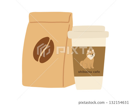 (虛構的)柴犬咖啡館裡的咖啡和咖啡豆的插圖 (虛構的)柴犬咖啡館裡的咖啡和咖啡豆的插圖 132154631
