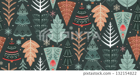 Vector seamless pattern with forest trees, folk ornaments, decorations. Vector endless background of winter Christmas symbols in modern graphic style 132154822