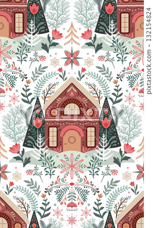 Vector seamless pattern with winter houses. Christmas scenery with colorful houses, falling snow, trees. Snowy village landscape 132154824