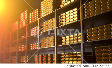 Generic gold reserve vault with stacks of gold bars. Bank vault with gold and cash. 3d rendering 132154953