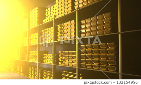 Generic gold reserve vault with stacks of gold bars. Bank vault with gold and cash. 3d rendering Generic gold reserve vault with stacks of gold bars. Bank vault with gold and cash. 3d rendering 132154956