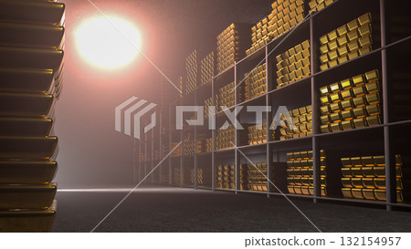 Generic gold reserve vault with stacks of gold bars. Bank vault with gold and cash. 3d rendering 132154957