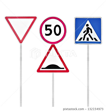 Set of road signs "Give Way", "Restriction", "Pedestrian Crossing" isolated on white background 132154973