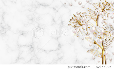 與金百合和珍珠的大理石背景 132154996