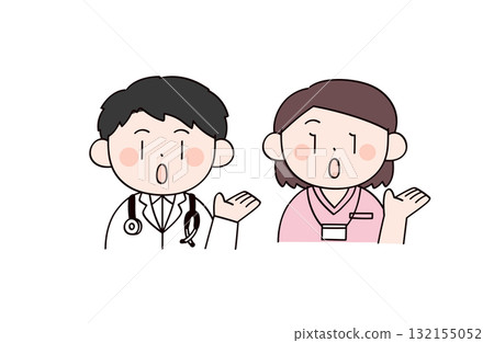 一位醫生和一位護士引導您 - 兩位男士和女士的插圖 一位醫生和一位護士引導您 - 兩位男士和女士的插圖 132155052