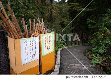 Rental walking sticks in front of the entrance stairs to Oyasukyo Daifunto Rental walking sticks in front of the entrance stairs to Oyasukyo Daifunto 132155089