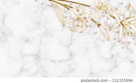 Marble background with gold wire lilies and pearls Marble background with gold wire lilies and pearls 132155094