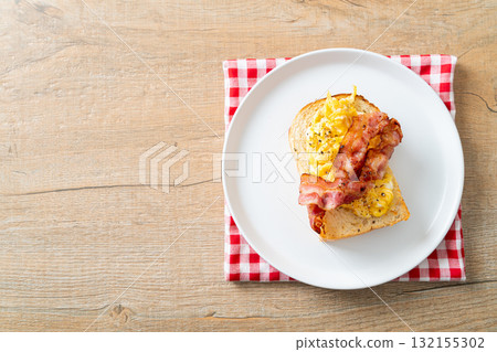 bread toast with scramble egg and bacon bread toast with scramble egg and bacon 132155302