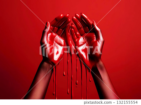 3d illustration of a hand painted with red paint on a red background 132155554