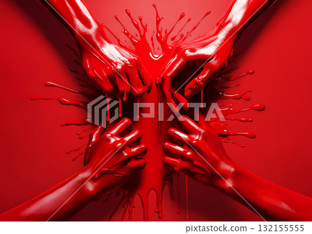 紅色背景上用紅色油漆手繪的 3D 插圖 132155555