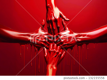 3d illustration of a hand painted with red paint on a red background 132155556