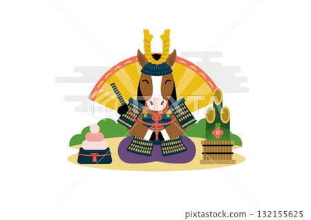 2026 年新年賀卡插圖:身穿盔甲的馬和新年裝飾,馬兒坐在墊子上 2026 年新年賀卡插圖:身穿盔甲的馬和新年裝飾,馬兒坐在墊子上 132155625