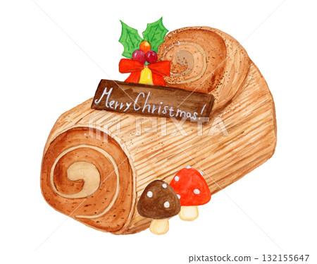Watercolor hand-painted illustration of Buche de Noel and marzipan mushrooms | Christmas cake material Watercolor hand-painted illustration of Buche de Noel and marzipan mushrooms | Christmas cake material 132155647