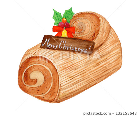 水彩手繪聖誕蛋糕Buche de Noel插畫素材 132155648