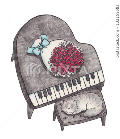 Illustration of a grand piano, a bouquet of roses, and a cat 132155683
