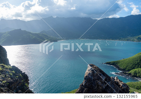 Taiohae Bay and town with anchored sailboats in Nuku Hiva, Marquesas Islands, French Polynesia 132155965