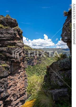 Majestic Rocky Mountains Seen from Waqrapukara, a Scenic Inca Site in Peru 132155972