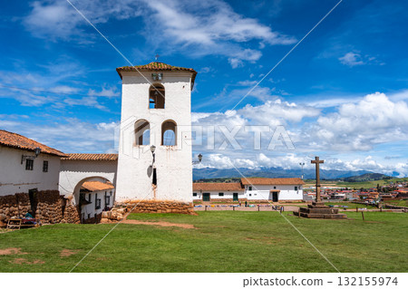Colonial church in Chinchero, Peru, with white adobe bell tower Colonial church in Chinchero, Peru, with white adobe bell tower 132155974
