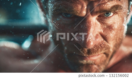 Intense man enduring workout with determination and sweat Intense man enduring workout with determination and sweat 132156002