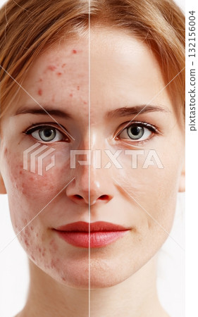 Woman comparing acne breakout skin before after treatment 132156004