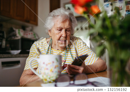 Portrait of senior woman holding smartphone at home. Portrait of senior woman holding smartphone at home. 132156192