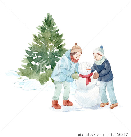 Watercolor winter scene with children building a snowman. Cozy hand-painted illustration with snowy landscape and fir tree. Perfect for holiday cards, prints, and seasonal decor. 132156217