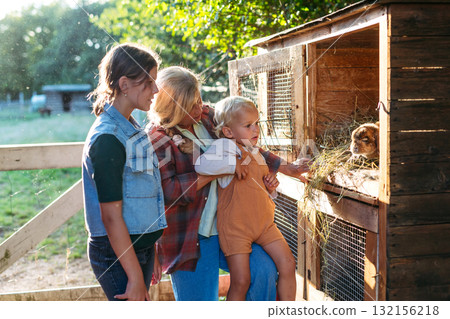 Family visiting rabbits on a sunny farm. 132156218