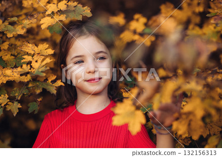 Girl in autumn nature, standing among autumn leaves. 132156313