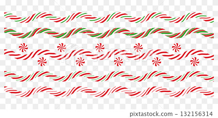 Wavy candy cane striped peppermint borders in festive colors. Lollipop decor. Winter decoration. 132156314