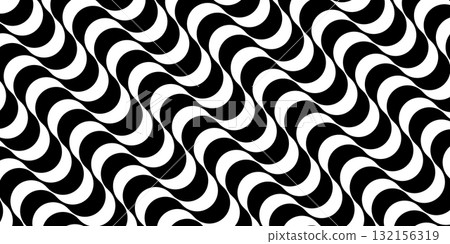 Classic Portuguese pavement pattern with curved black and white waves. Copacabana sidewalk motif, Rio de Janeiro beach promenade vector background with abstract texture. 132156319