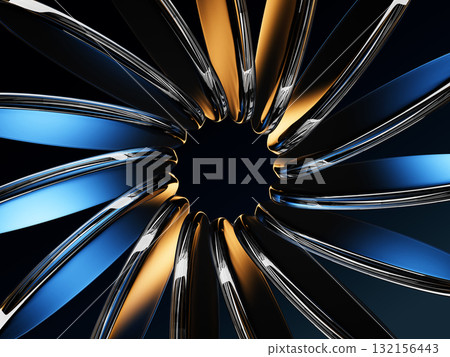Abstract black 3d background with neon glass transparent circular discs, gold blue radiant gradient. Luminous translucent round disks in ring shape, crystal holographic circle plates. 3D illustration 132156443