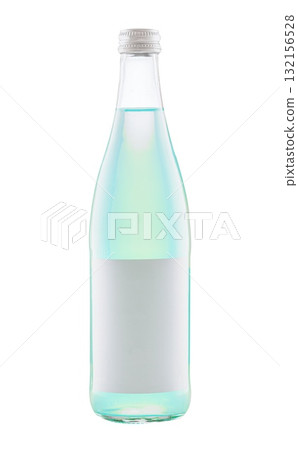 A mockup bottle showcases light green soda or blue agave juice. The bottle features a blank label, making it perfect for branding, set against a plain white background. 132156528