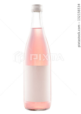 A mockup bottle with a label with soda or pink juice. Fresh guava soda in a clear glass bottle filled with a sparkling pink beverage with a simplistic white label on a bright background 132156534