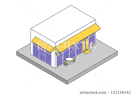 時尚的雙色等距咖啡館建築圖標素材 132156542