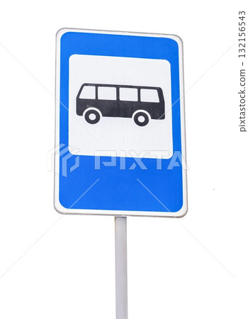 The road sign is a bus stop. bus icon on a white and blue background. Isolate the layout on a white transparent background for the design. 132156543