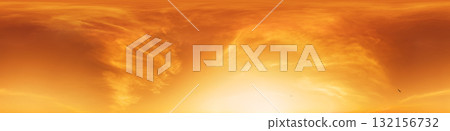 360 panorama of glowing sunset sky with bright pink Cirrus clouds. HDR 360 seamless spherical panorama. Full zenith or sky dome sky replacement for aerial drone panoramas. Climate and weather change. 132156732