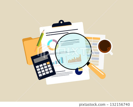 Financial analysis vector illustration magnifies charts and graphs on clipboard with calculator and coffee cup. Financial analysis insights, business reporting and strategic decisions illustration Financial analysis vector illustration magnifies charts and graphs on clipboard with calculator and coffee cup. Financial analysis insights, business reporting and strategic decisions illustration 132156740