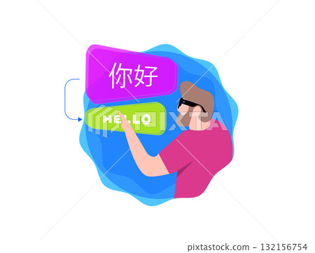 Real-time translation smart glasses vector illustration overlays subtitles in meetings. Breaking language barriers for global teams in international business and cross-cultural tech strategies Real-time translation smart glasses vector illustration overlays subtitles in meetings. Breaking language barriers for global teams in international business and cross-cultural tech strategies 132156754