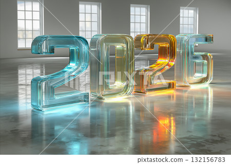 The transparent numbers 2026 glow in various shades, reflecting light in a spacious room. This artwork captures the anticipation of Christmas and New Year's Eve celebrations. 132156783