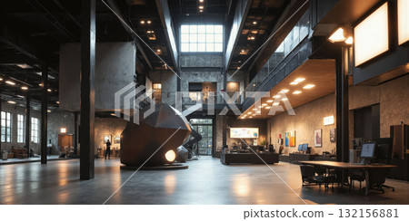 Sculptural Industrial Workspace with Abstract Metal Installations - Dark polished concrete floors, oversized geometric steel sculptures, warm ambient ceiling lights, 132156881