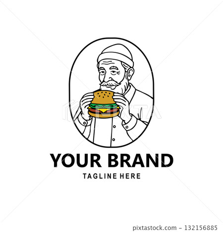 Vintage logo design of an old man eating a burger. Retro style illustration for restaurant, fast food, or burger brand identity. 132156885