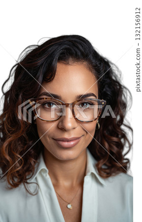 A Latina executive with curly hair and bold glasses, her powerful gaze surrounded by energetic lines that represent her dynamic A Latina executive with curly hair and bold glasses, her powerful gaze surrounded by energetic lines that represent her dynamic 132156912