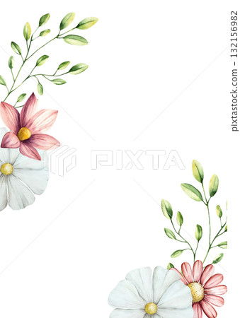 Spring flowers and branches with leaves postcard Watercolor gerbera, chamomile, echinacea. Hand drawn wildflower art isolated on background, transparent png. Botanical, easter and wedding illustration 132156982