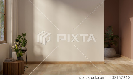 Empty white wall along the wooden floor corridor or hallway with potted plant and wooden stool table Empty white wall along the wooden floor corridor or hallway with potted plant and wooden stool table 132157240