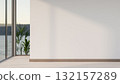 Empty white wall along the wooden parquet floor corridor or hallway with glass walls and sea scenery 132157289