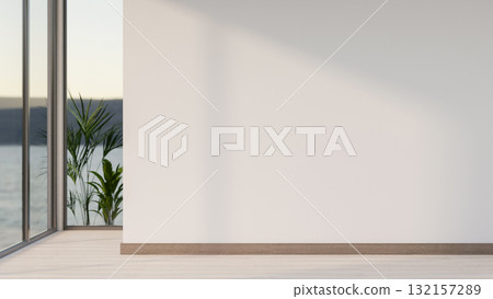 Empty white wall along the wooden parquet floor corridor or hallway with glass walls and sea scenery 132157289